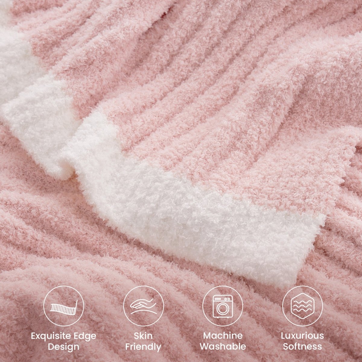 Close-up of ribbed texture and contrast edge on Soft Ribbed Feather Yarn Throw Blanket in Pink featuring skin-friendly, machine washable and luxurious softness. #Color_Pink
