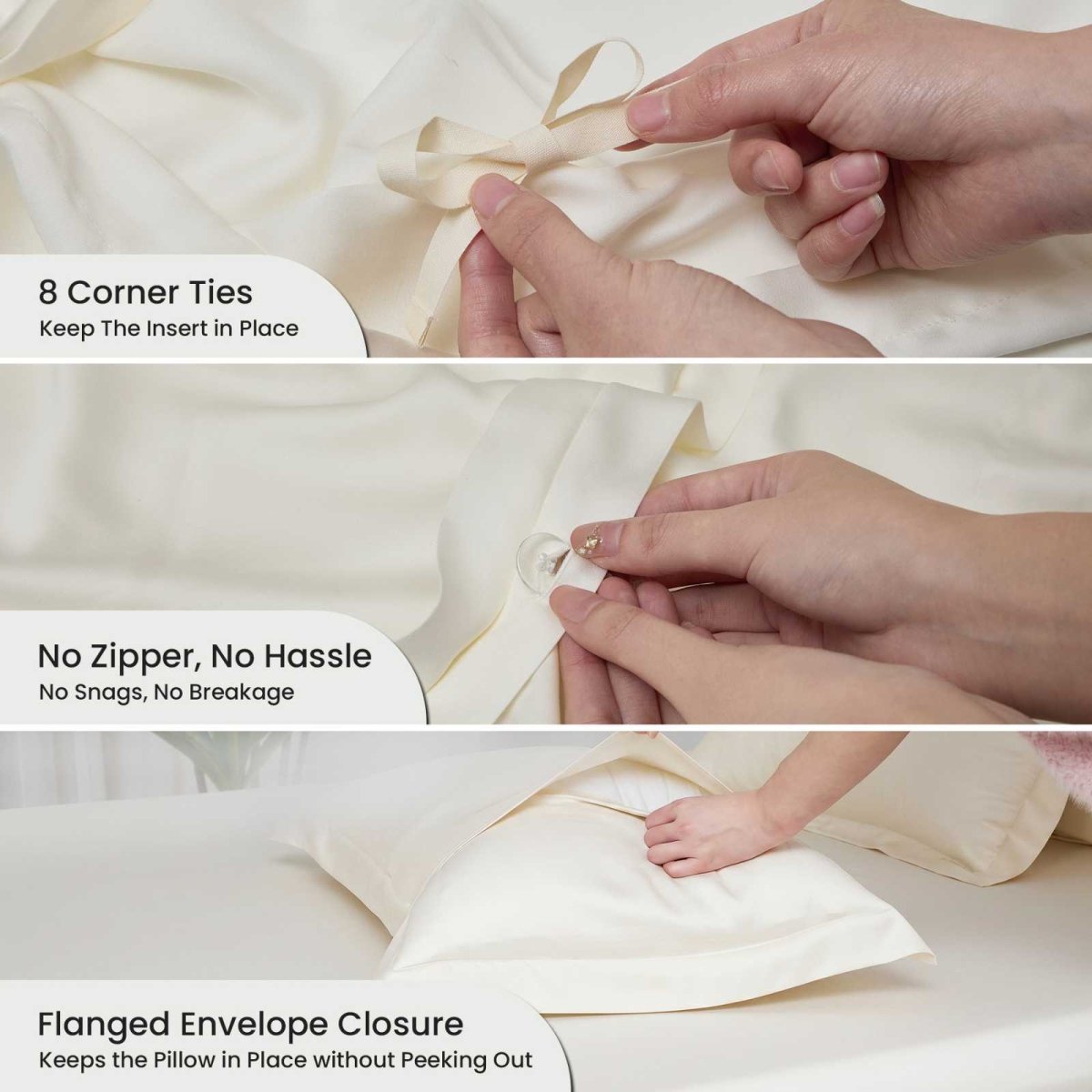 Feature overview of Cozy Bliss Tencel™ Eco-friendly Silky Duvet Cover Set, showing corner ties, button closure, and pillow sham design. #color_Cream White