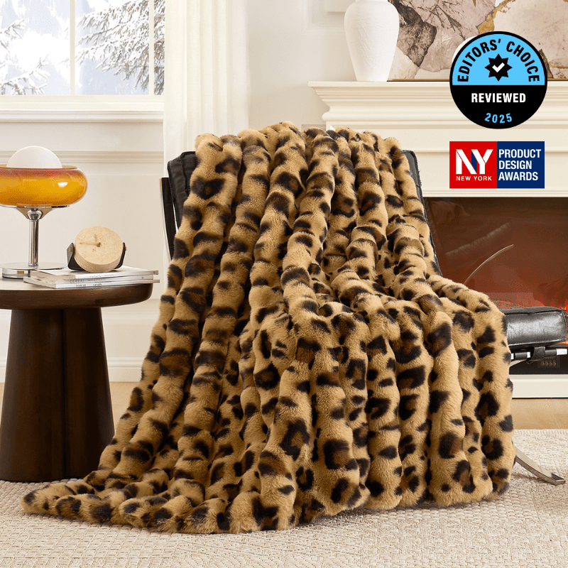Cozy Bliss Luxurious Bubble Faux Fur Throw Blanket in brown leopard front view #color_Brown Leopard