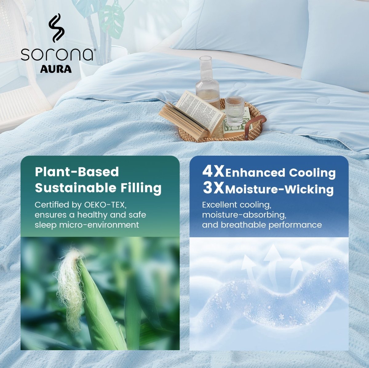 Sorona® cooling comforter on bed with plant-based sustainable filling, enhanced cooling and moisture-wicking breathable performance.#color_Sky Blue