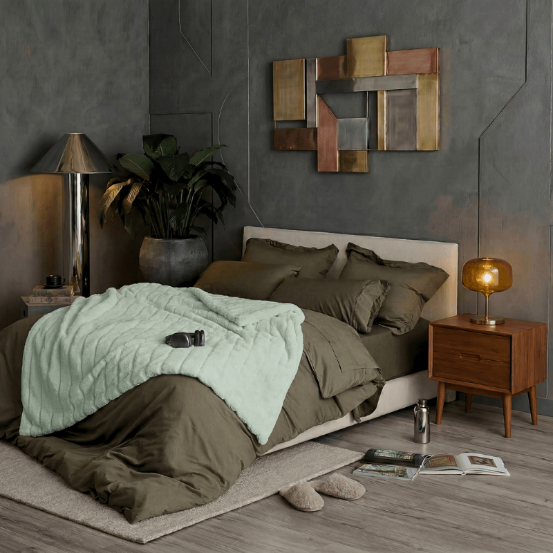 Cozy Bliss sheared faux fur throw blanket layered across the bed in a sage green room display #color_Sage Green