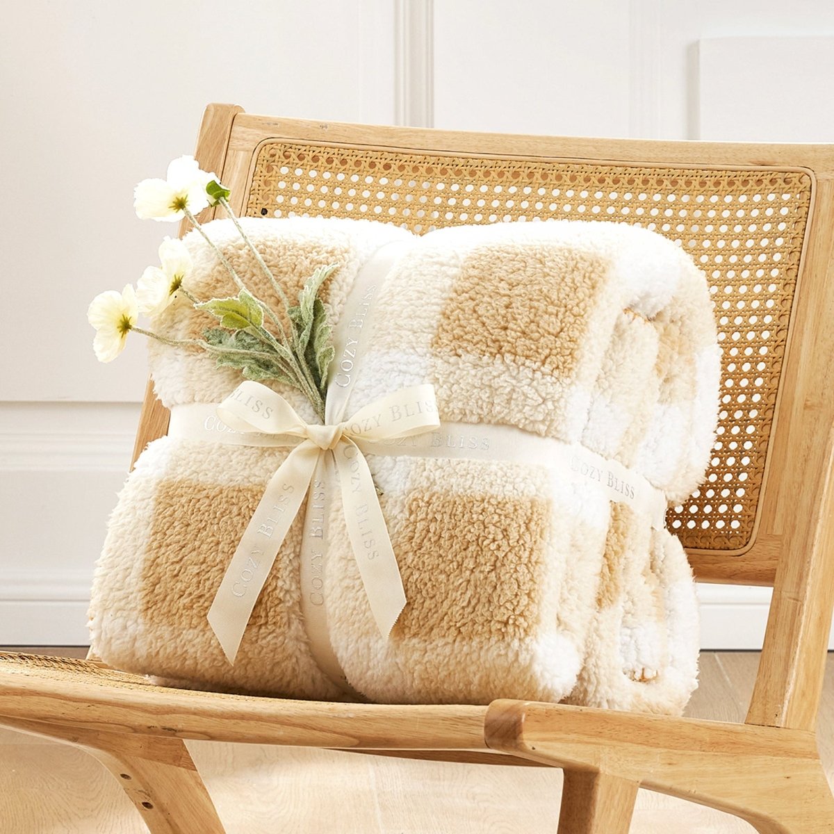 Buffalo sherpa throw blanket in Buffalo Plaid-beige folded with ribbon, perfect for gifting #color_Buffalo Plaid-beige