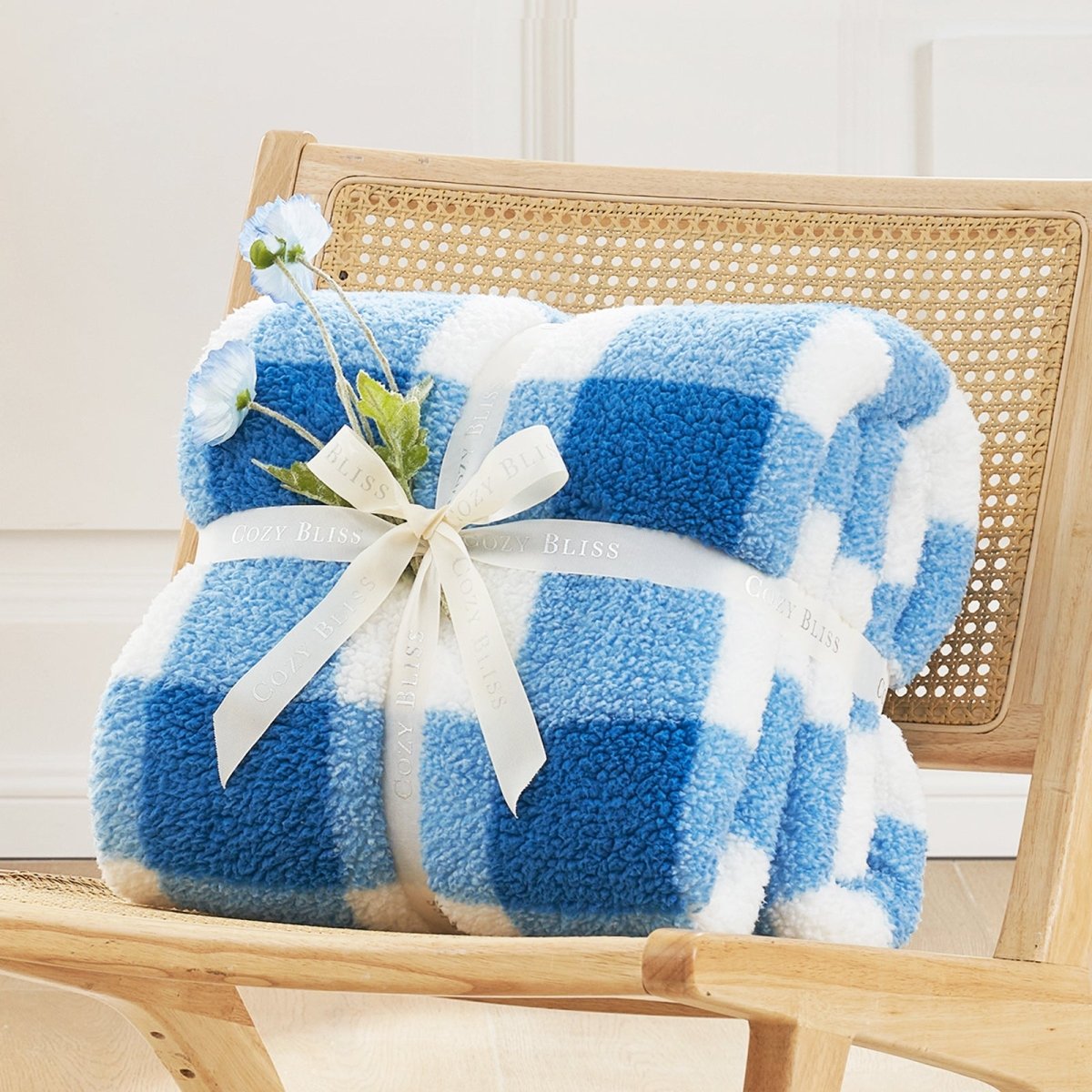 Buffalo sherpa throw blanket in Buffalo Plaid-light blue folded with ribbon, perfect for gifting #color_Buffalo Plaid-light blue