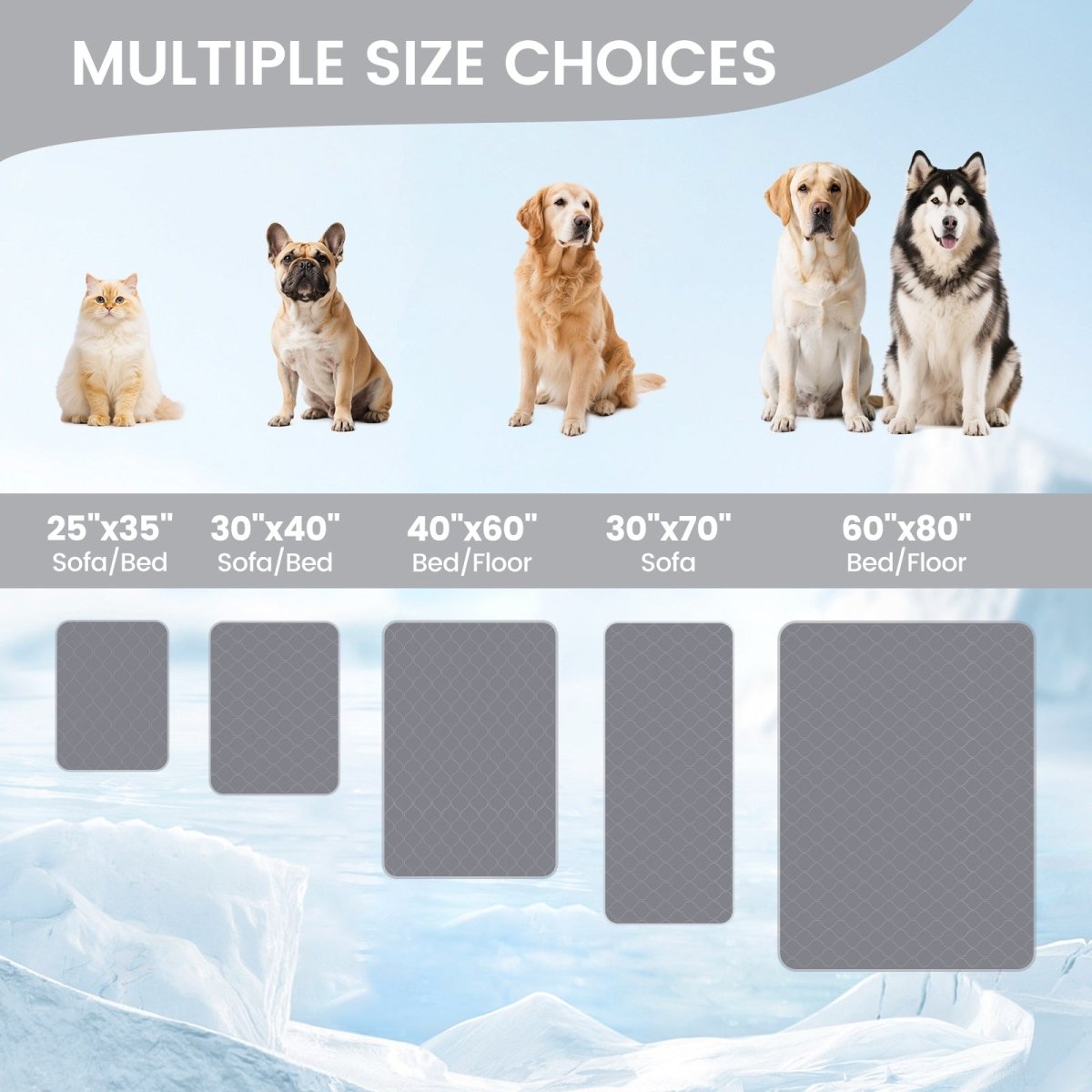 Dog mats of different sizes with corresponding dog illustrations on a blue background