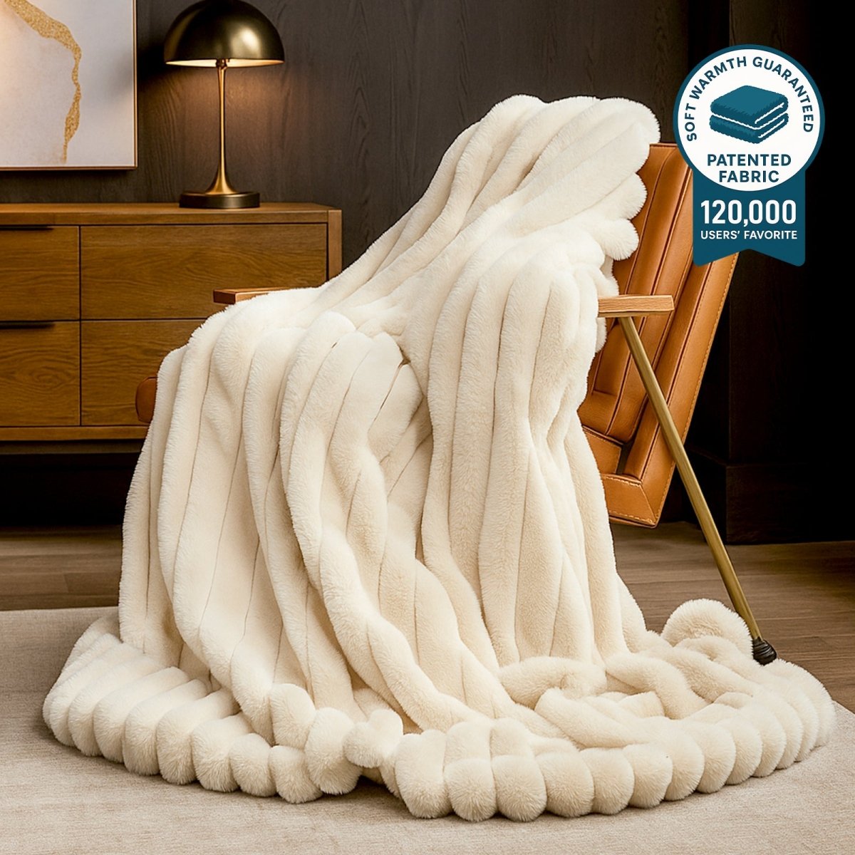 Ultra Chunky Striped Faux Fur Throw Blanket in beige front view. #color_Beige