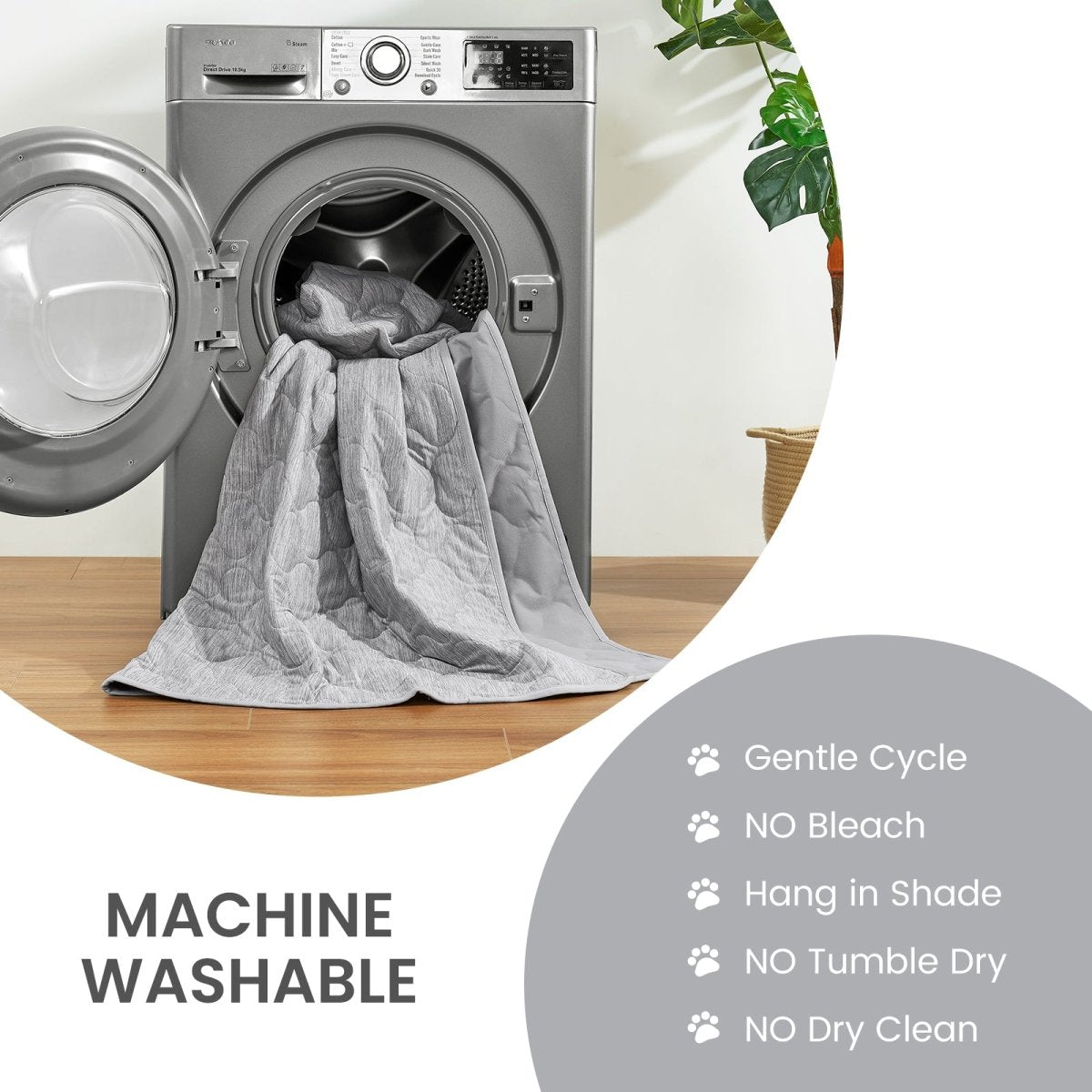 Machine washable cooling blanket for pets with washing instructions for easy care at home.#color_Light Grey