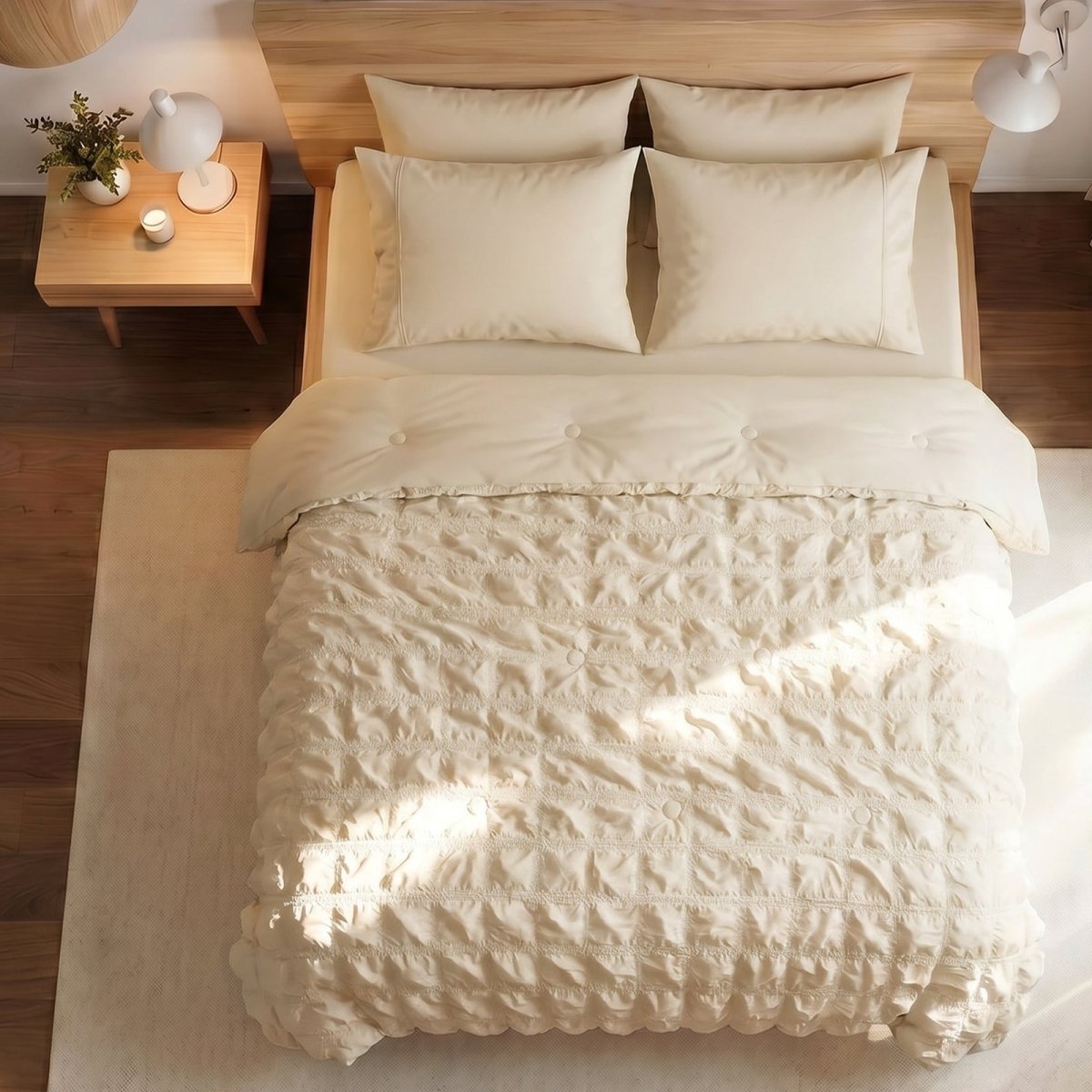 Cozy Bliss white seersucker plaid cooling comforter neatly laid out on a bed, highlighting the textured fabric design for summer.#color_ Beige