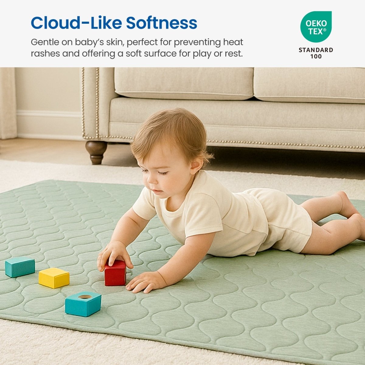 OEKO-TEX certified cool blue Cozy Bliss dual-sided cooling comforter, gentle on baby's skin. #color_Sage Green