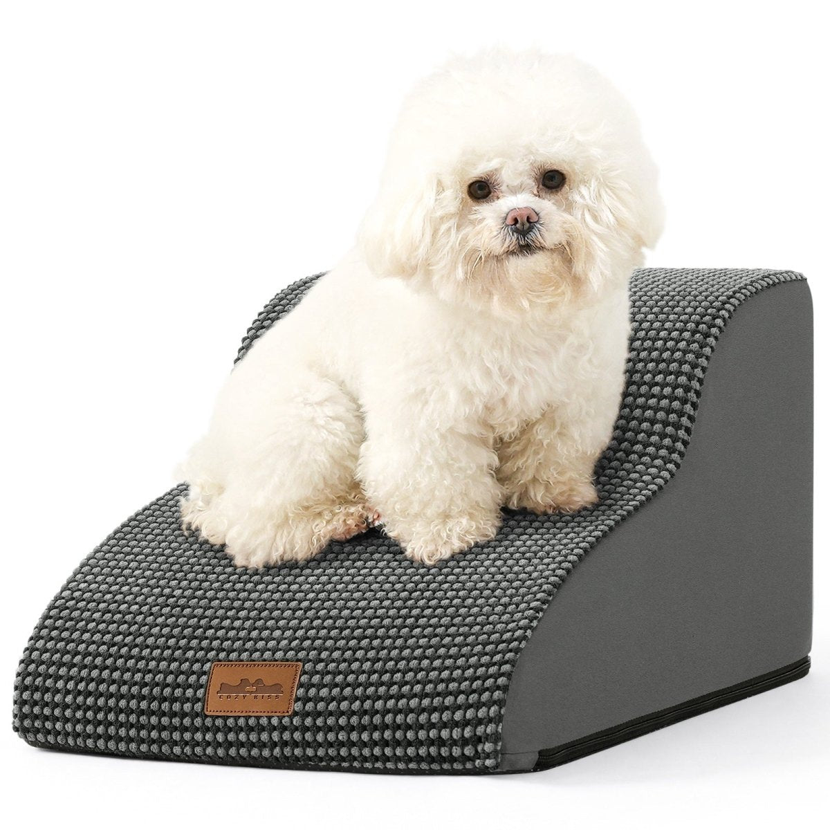 Small white dog sitting on a gray pet ramp with a white background#Color_Charcoal Grey