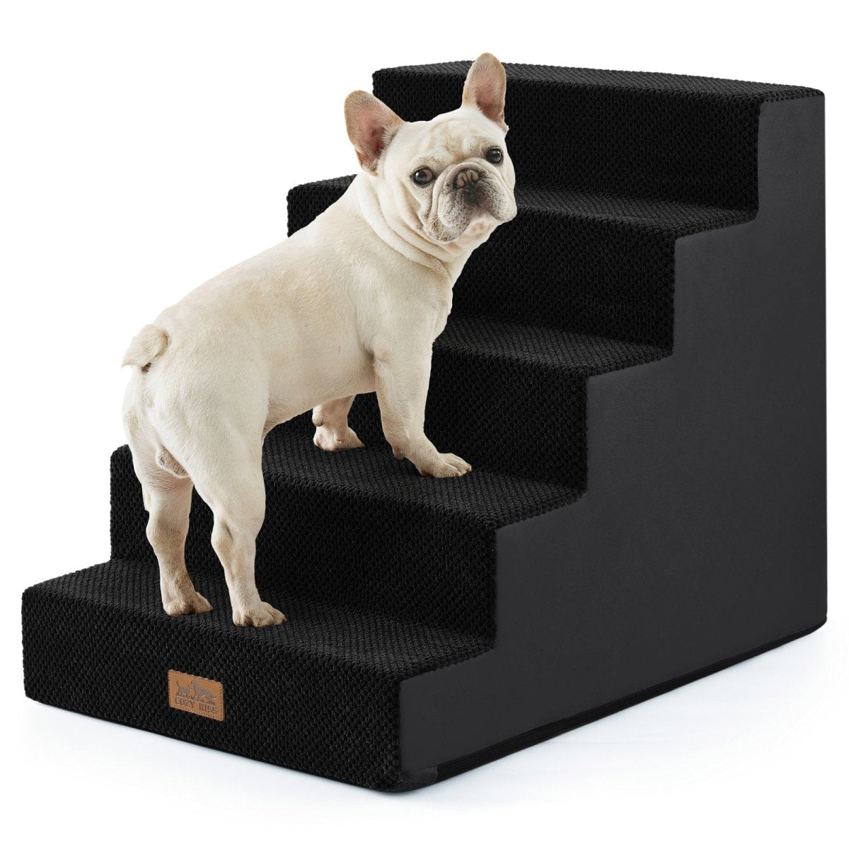 Cozy Bliss 5 Step Right-Angle Arthritis Prevention Foam Pet Stairs in black with a dog stepping on it. #color_Black