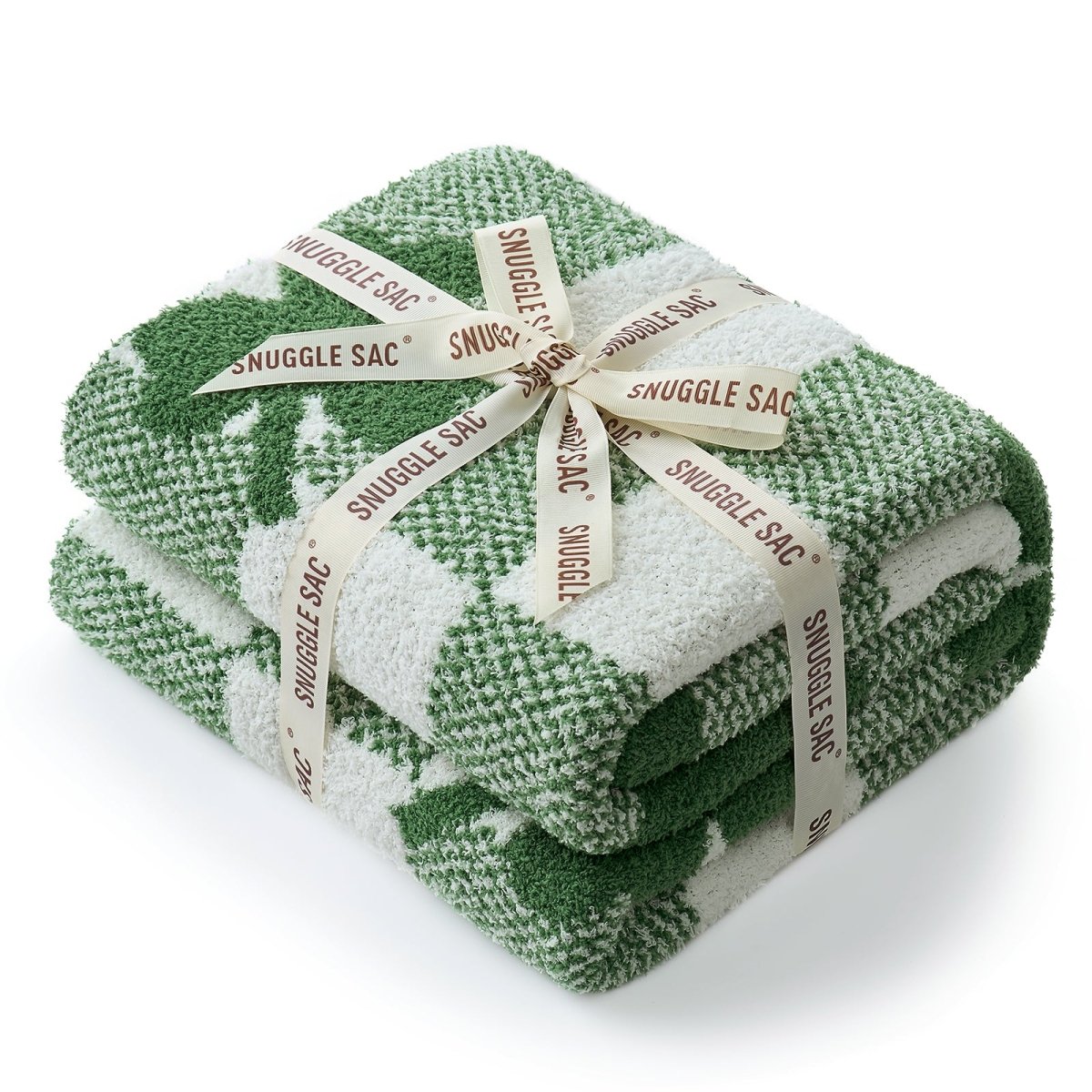 Green and white Snuggle Sac blanket with a decorative bow on a white background #color_Xmas Green