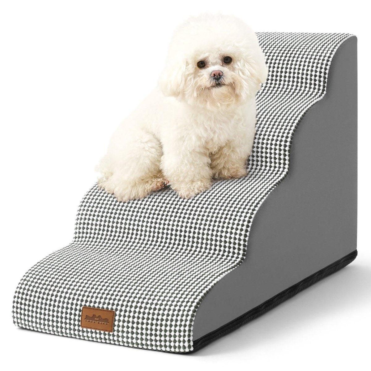 White dog sitting on a black and white checkered pet ramp with a gray base.#color_Black White