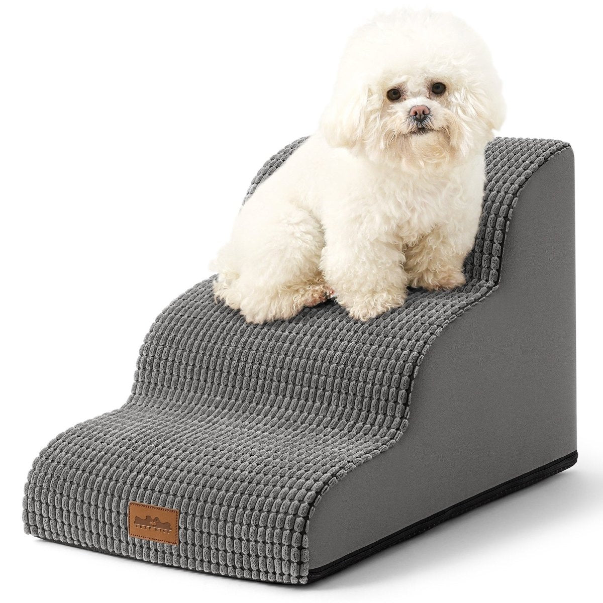 White dog sitting on a gray pet ramp with a white background#color_Dark Grey