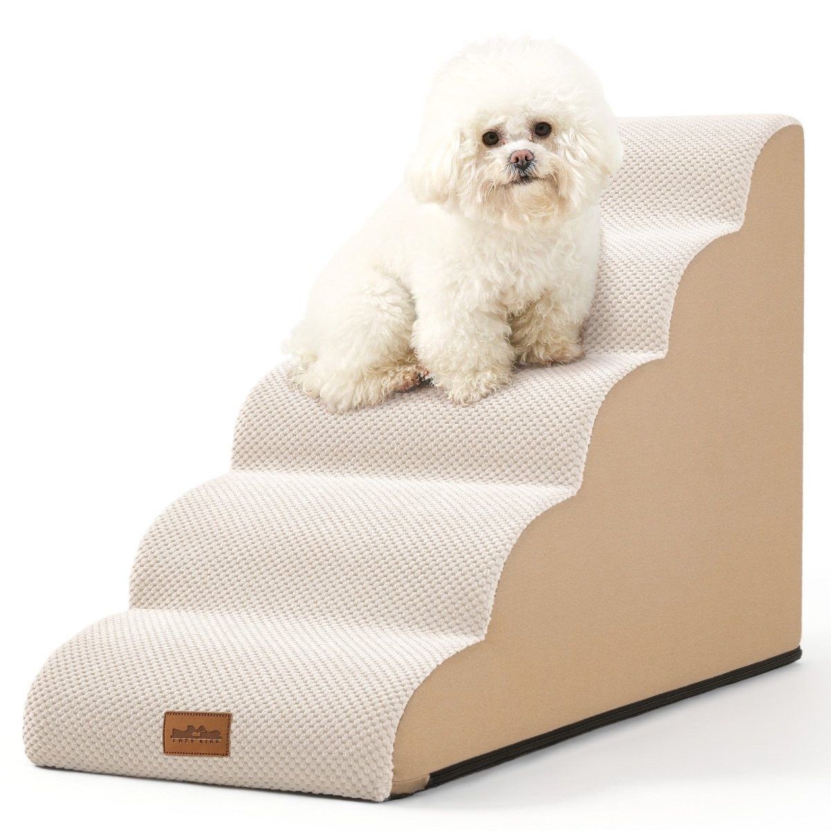 Dog sitting on a 5-Step pet stairs with a white background#Color_Beige