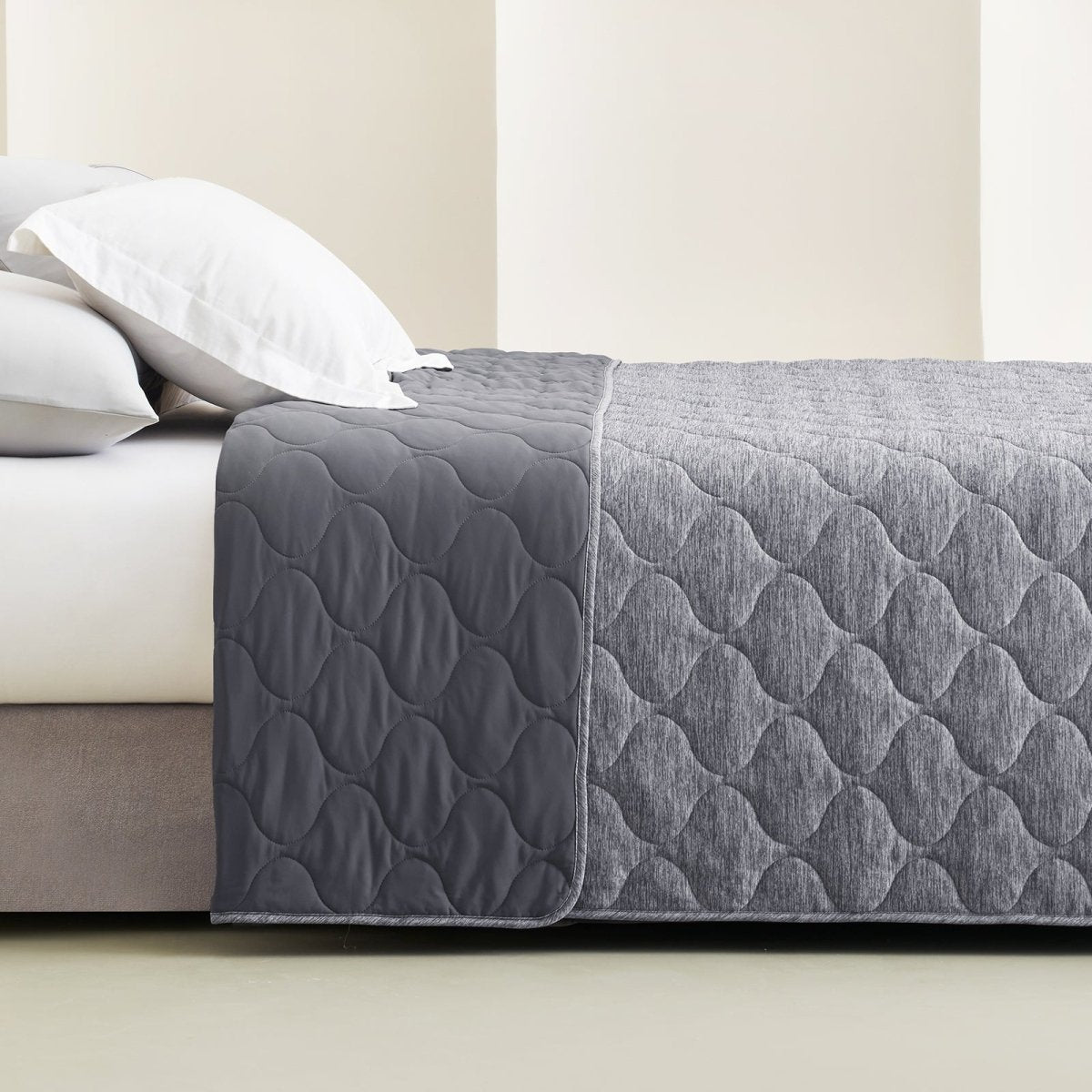 Cozy Bliss dual-sided cooling blanket in charcoal grey with cloud pattern, premium comforter. #color_Charcoal Grey
