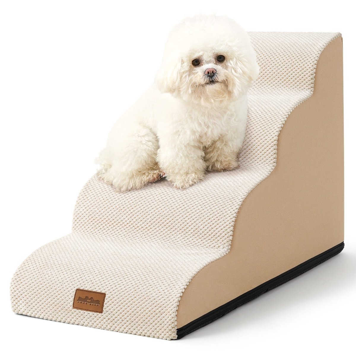 White dog sitting on a beige 4-Step pet stairs with a white background#Color_Beige
