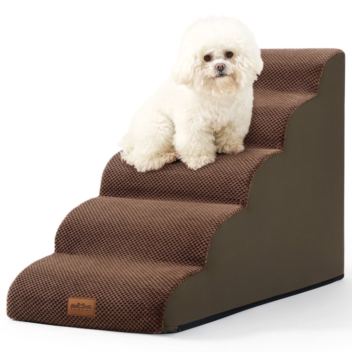 Brown pet stairs with a small white dog sitting on them against a white background#color_Brown