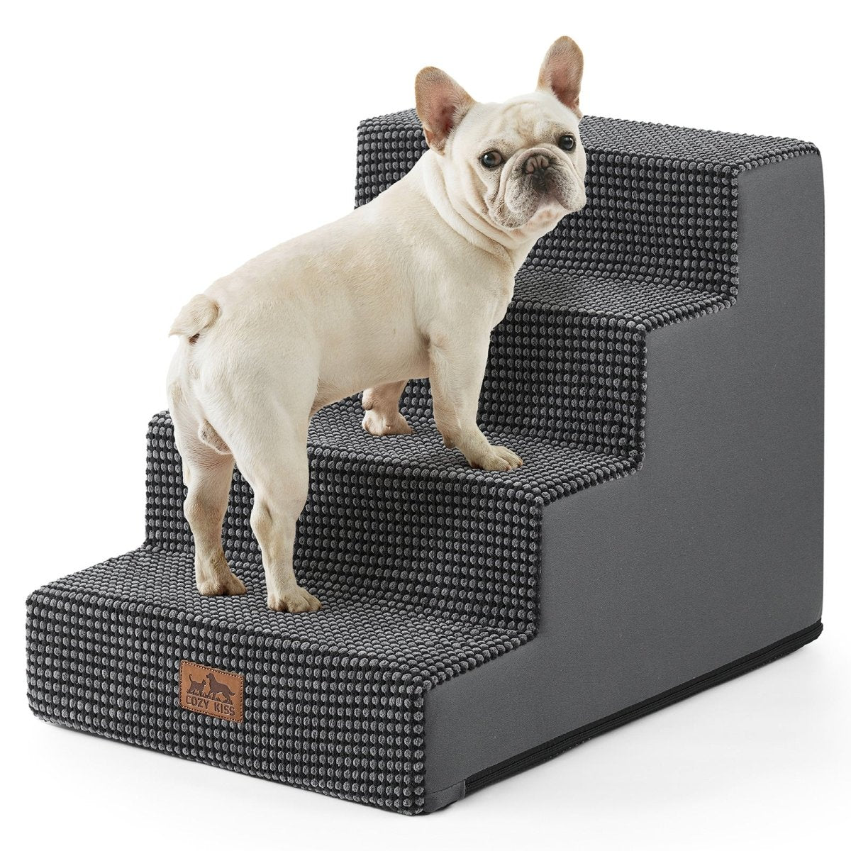 Cozy Bliss 4 Step Right-Angle Arthritis Prevention Foam Pet Stairs in grey with a dog stepping on it. #color_Grey