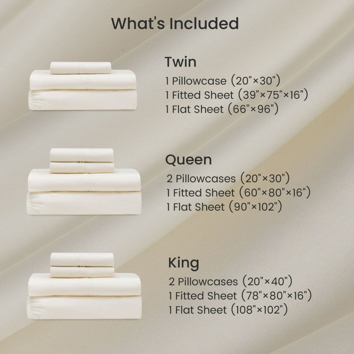 Size guide for Cozy Bliss Tencel™ Eco-friendly Silky Sheet Set, showing Twin, Queen and King sheet set contents. 
