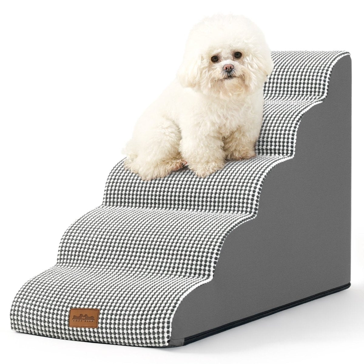 Dog sitting on a set of pet stairs with a checkered pattern#color_Black & White