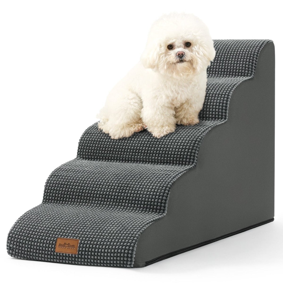 Dog sitting on pet stairs with a white background#Color_Charcoal Grey