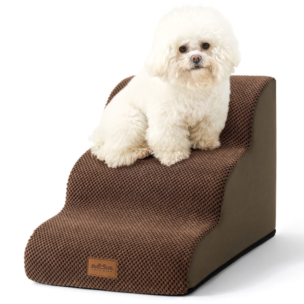 White dog sitting on a brown 3-Step pet stair with a white background#color_Brown