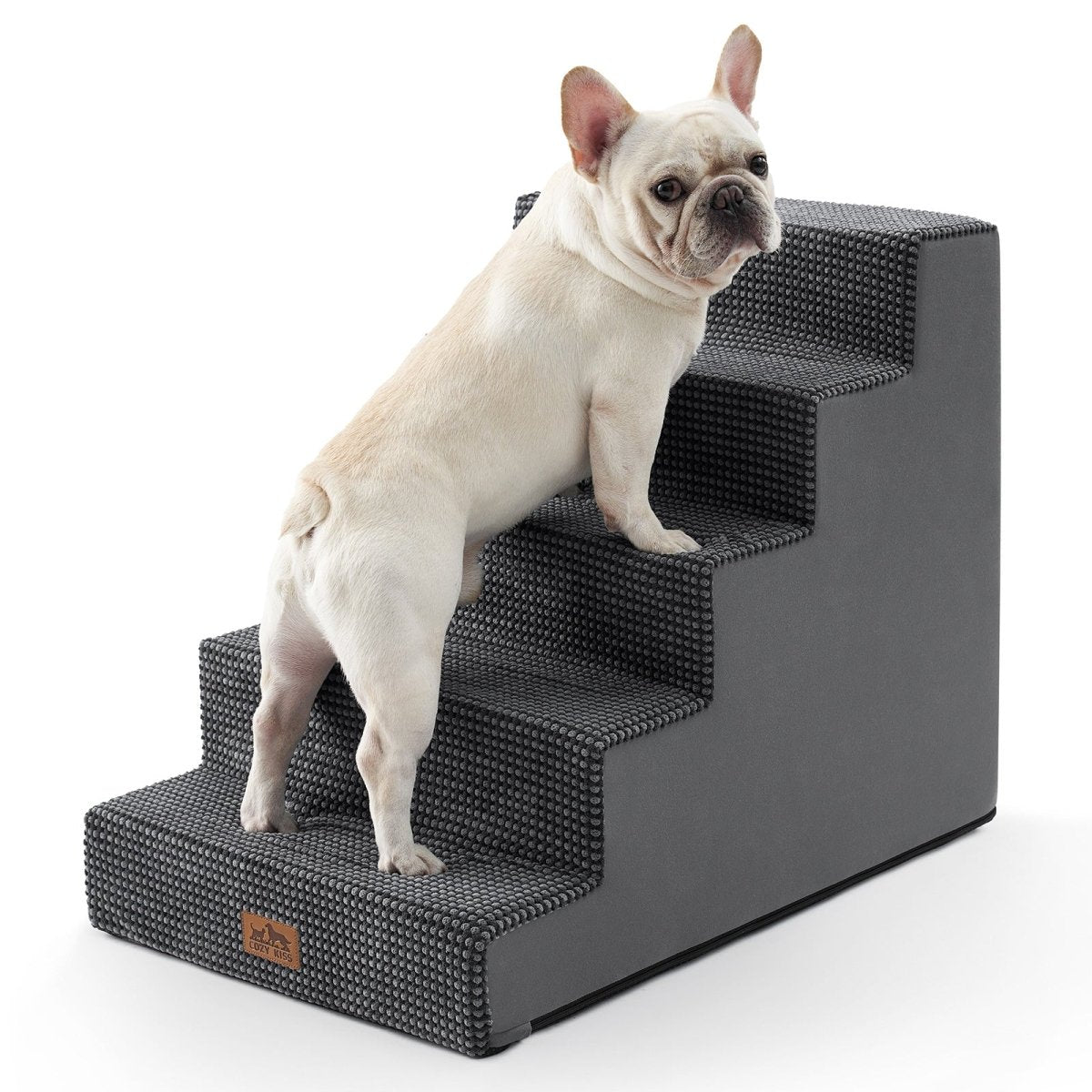 Cozy Bliss 5 Step Right-Angle Arthritis Prevention Foam Pet Stairs in grey with a dog stepping on it. #color_Grey