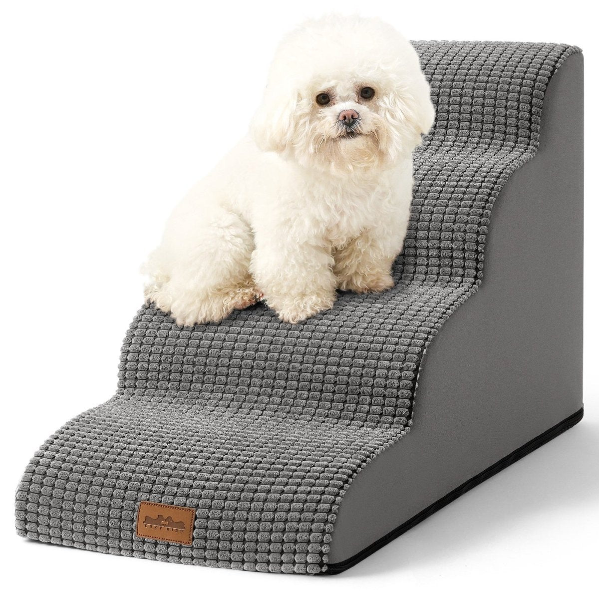 White dog sitting on a gray pet ramp with a white background#color_Dark Grey