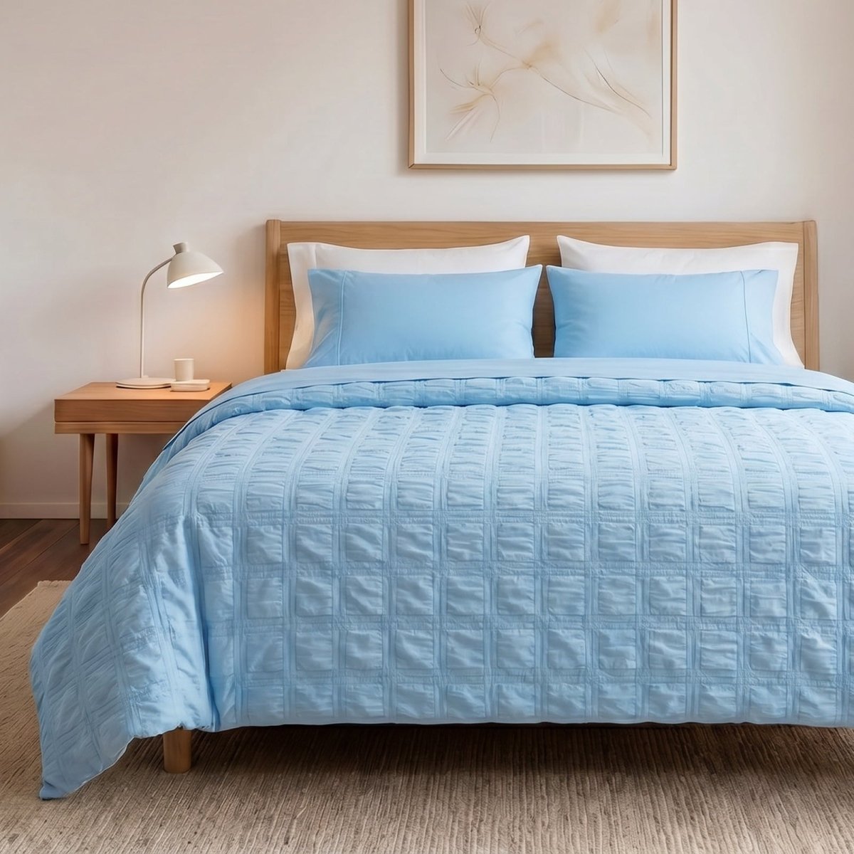Cozy Bliss seersucker cooling comforter in front view.#color_Sky Blue