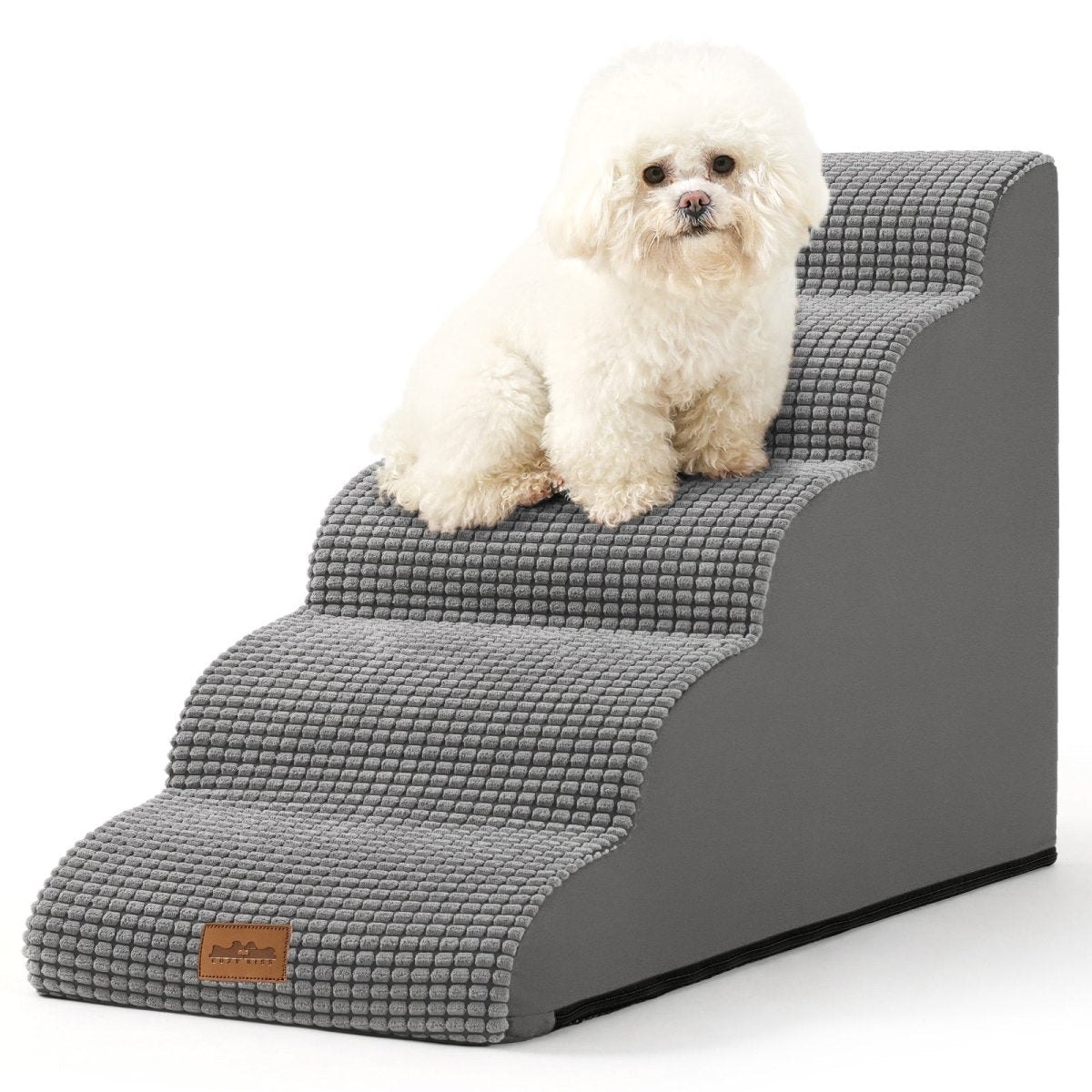 Dog sitting on gray pet stairs with a white background #color_Dark Grey