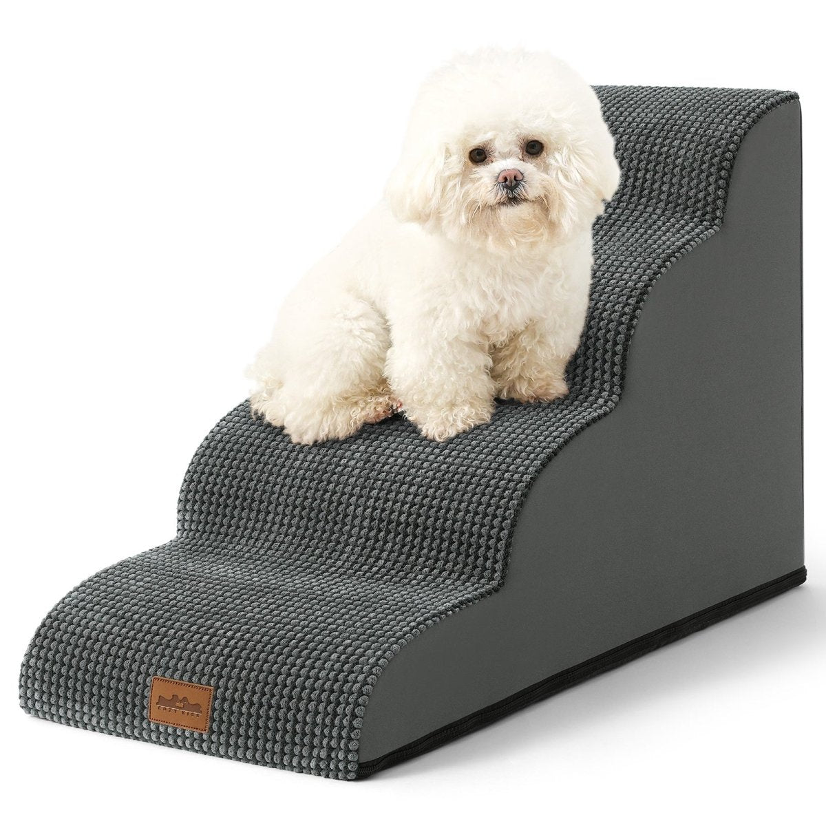 White dog sitting on a gray pet ramp with a white background#Color_Charcoal Grey
