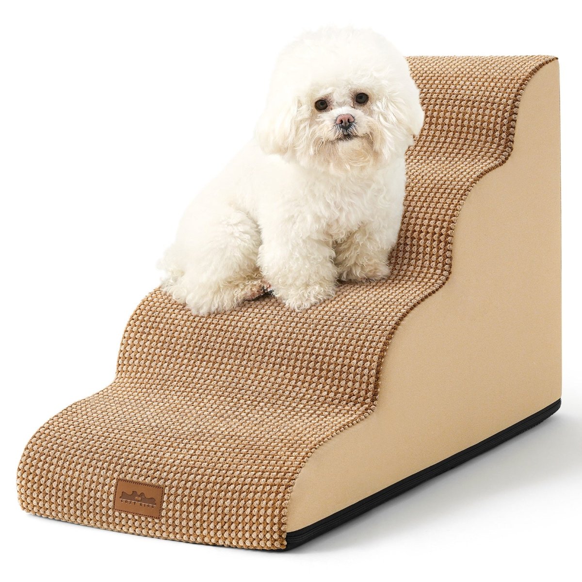 Small white dog sitting on a  pet ramp with a white background#color_Light Brown