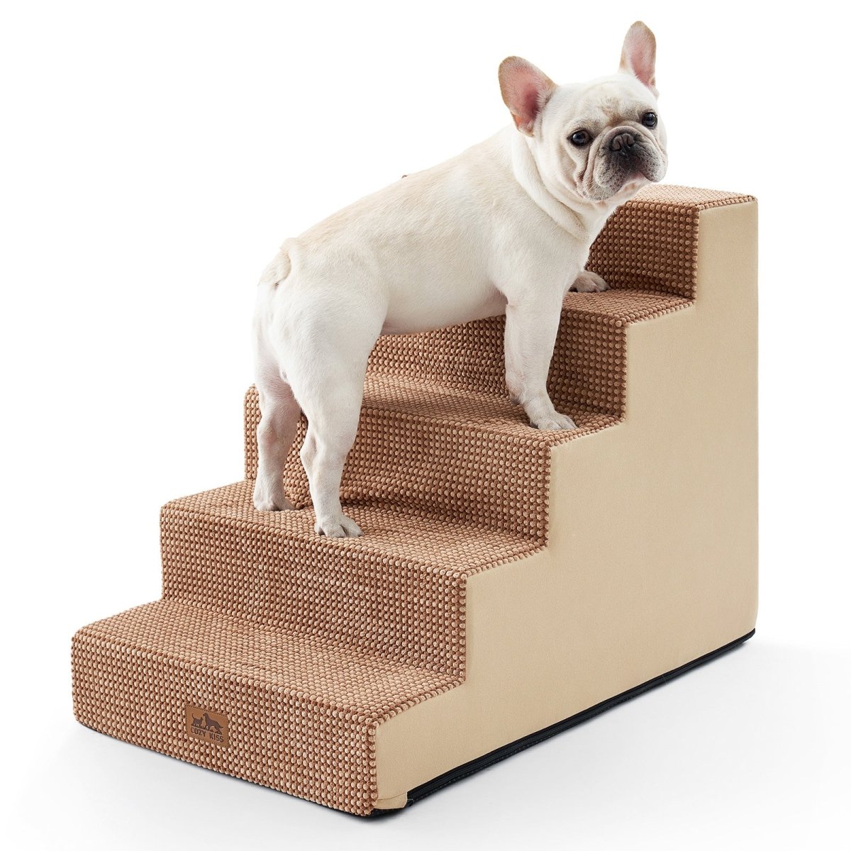 Cozy Bliss 5 Step Right-Angle Arthritis Prevention Foam Pet Stairs in light brown with a dog stepping on it. #color_Light Brown