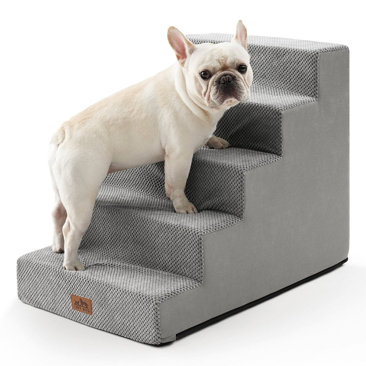 Cozy Bliss 5 Step Right-Angle Arthritis Prevention Foam Pet Stairs in grey with a dog stepping on it. #color_Light Grey