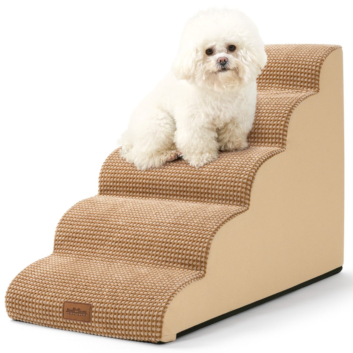 Dog sitting on a set of pet stairs with a white background#color_Light Brown
