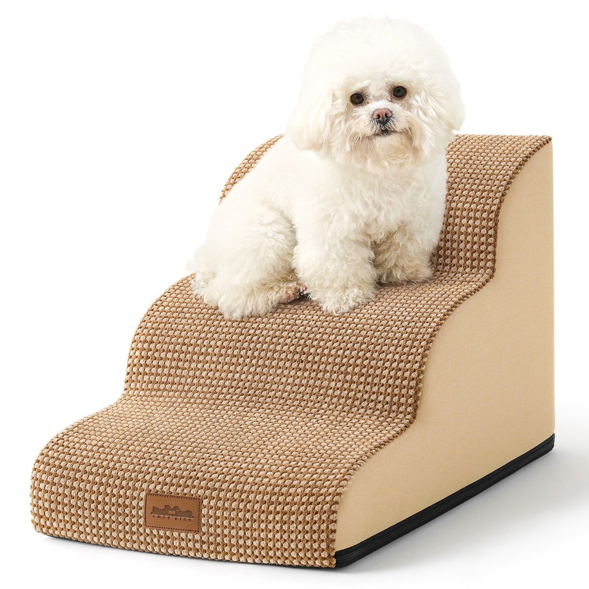 Small white dog sitting on a pet ramp with a white background#color_Light Brown