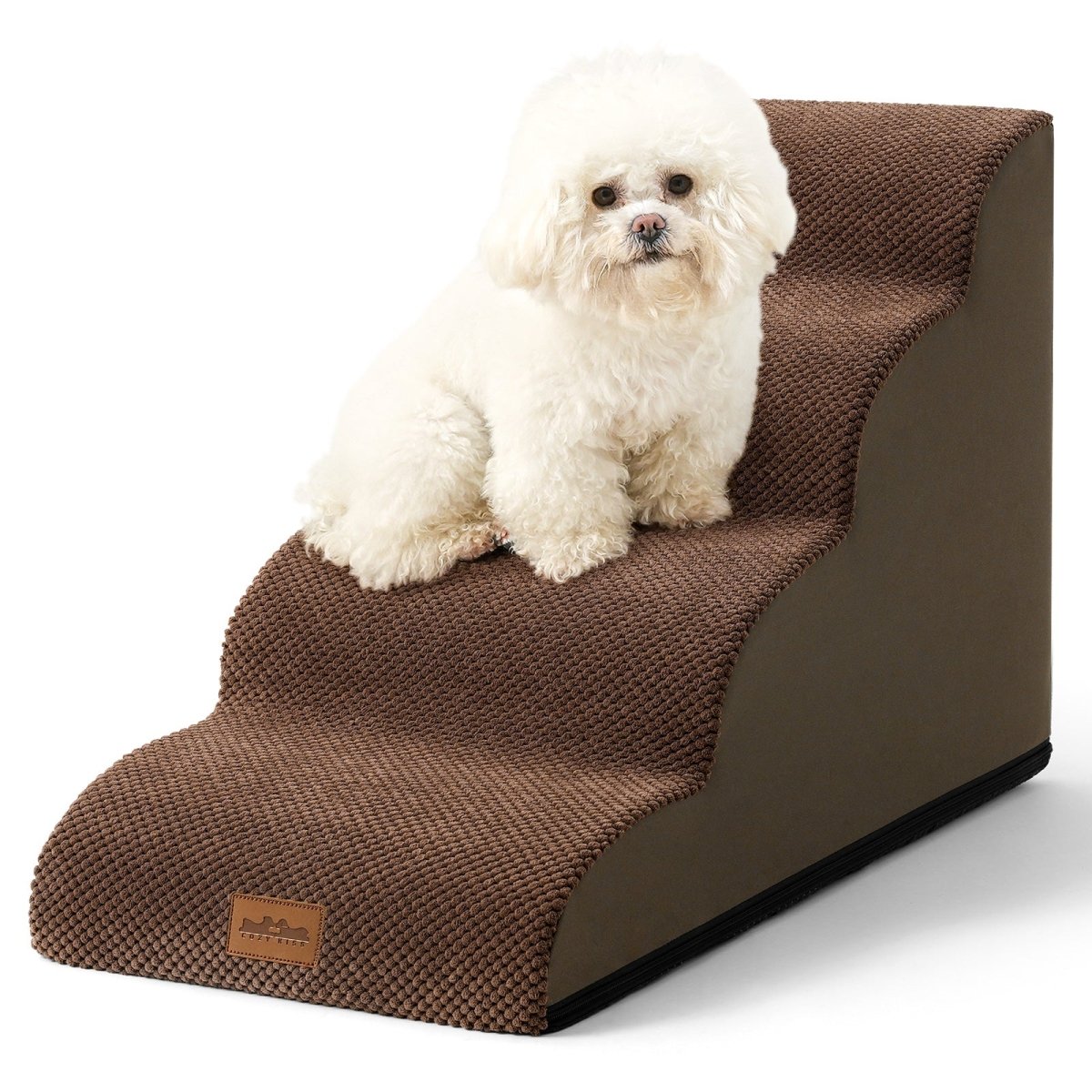 White dog sitting on a brown pet stair with a white background#color_Brown