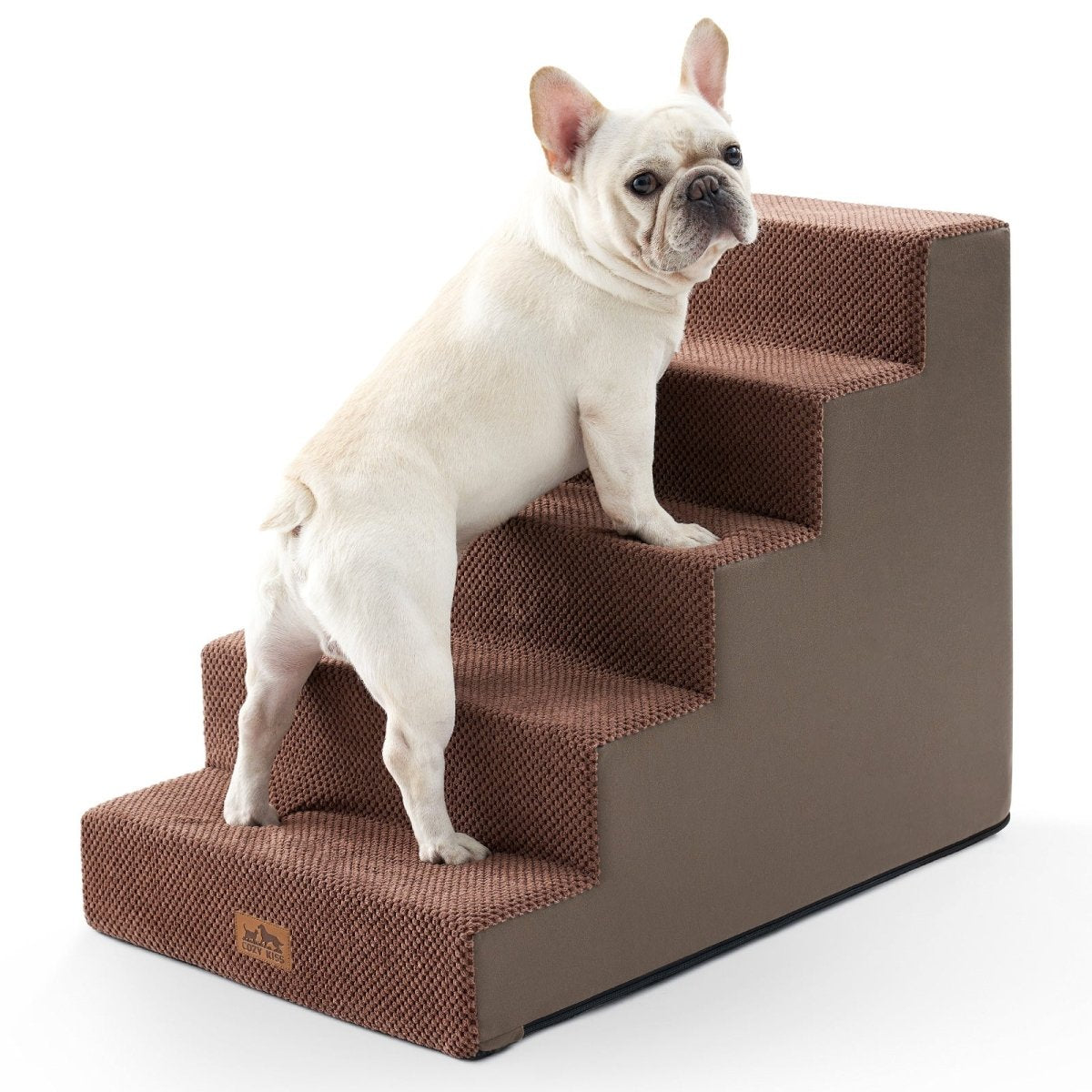 Cozy Bliss 5 Step Right-Angle Arthritis Prevention Foam Pet Stairs in brown with a dog stepping on it. #color_Brown
