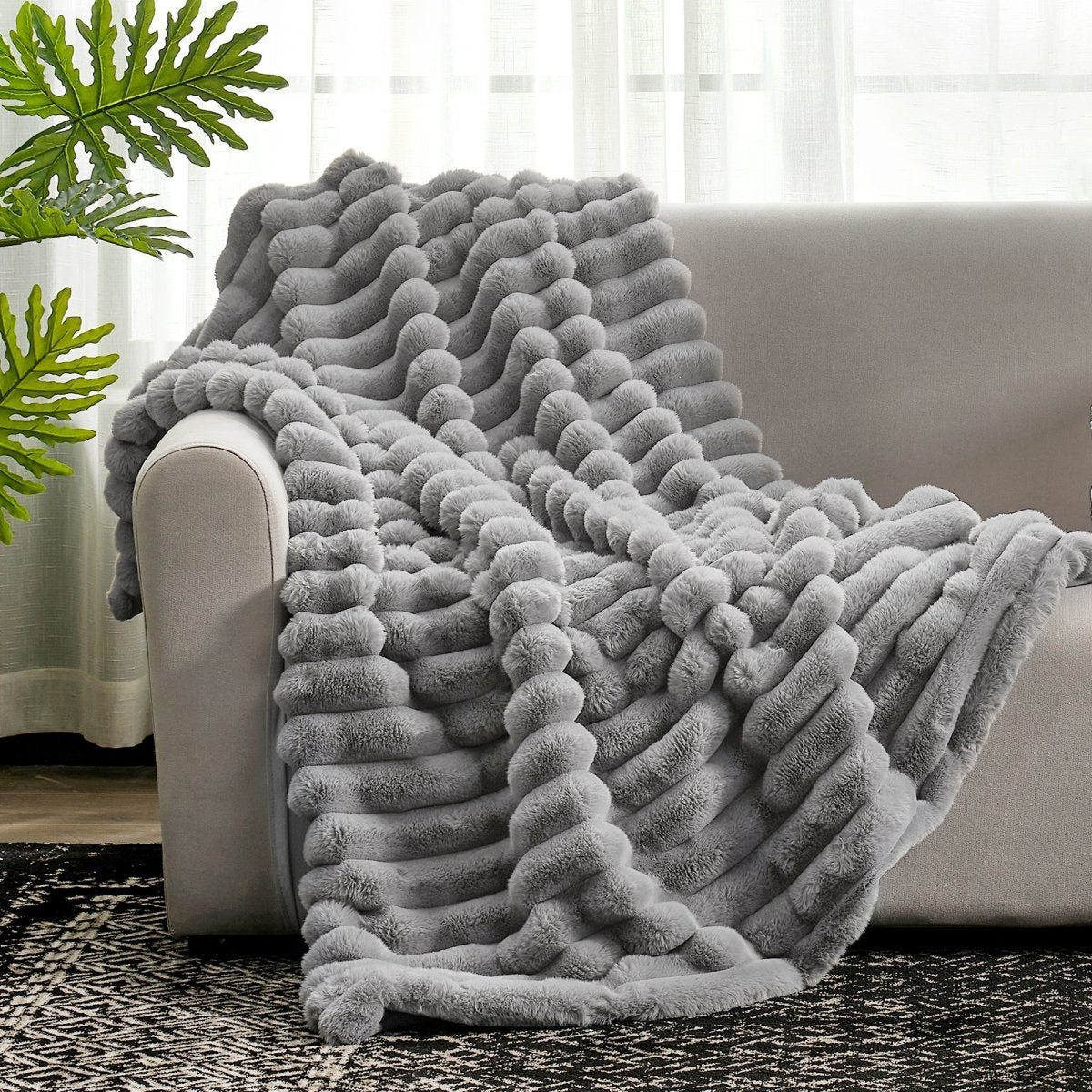 Cozy Bliss Ultra Chunky Striped Faux Fur Throw Blanket in Grey front view. #color_Grey