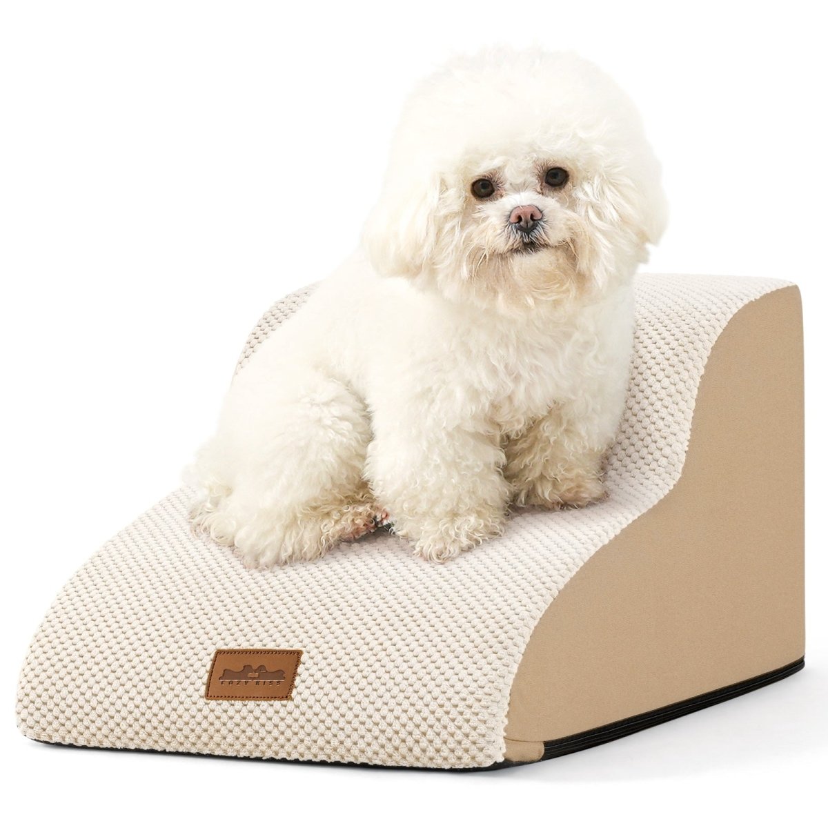 Small white dog sitting on a beige and white 2-Step pet stairs#Color_Beige