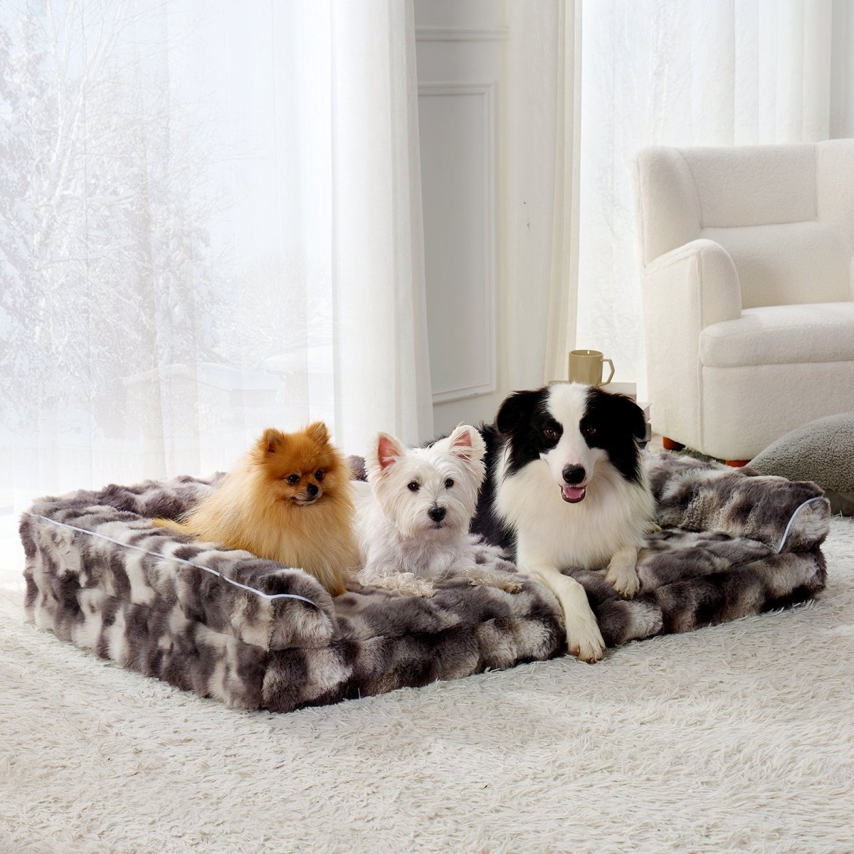 Three dogs on a large fluffy pet bed in a living room setting.#Color_Tie-dye Grey
