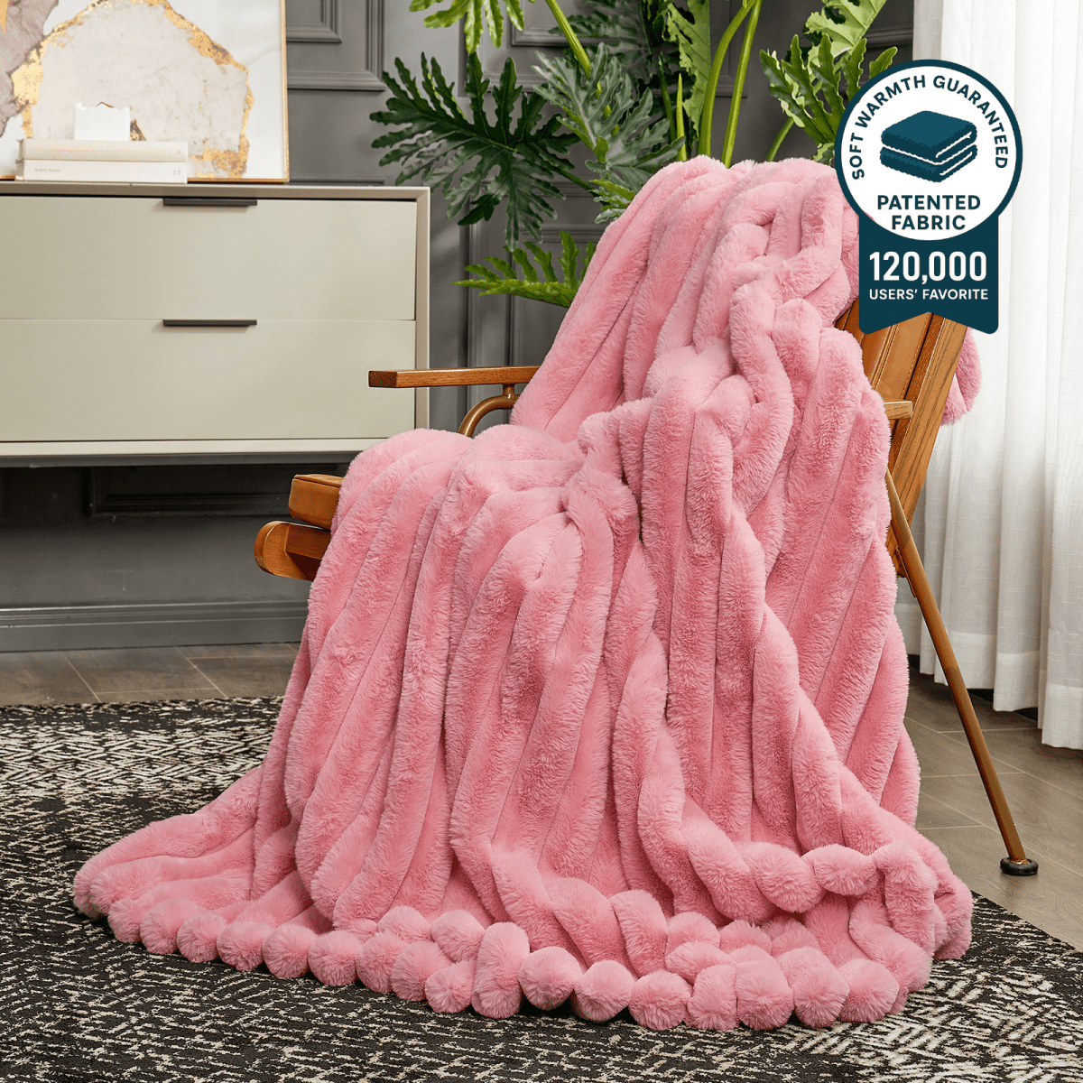 Ultra Chunky Striped Faux Fur Throw Blanket in hot pink front view.#color_Hot Pink