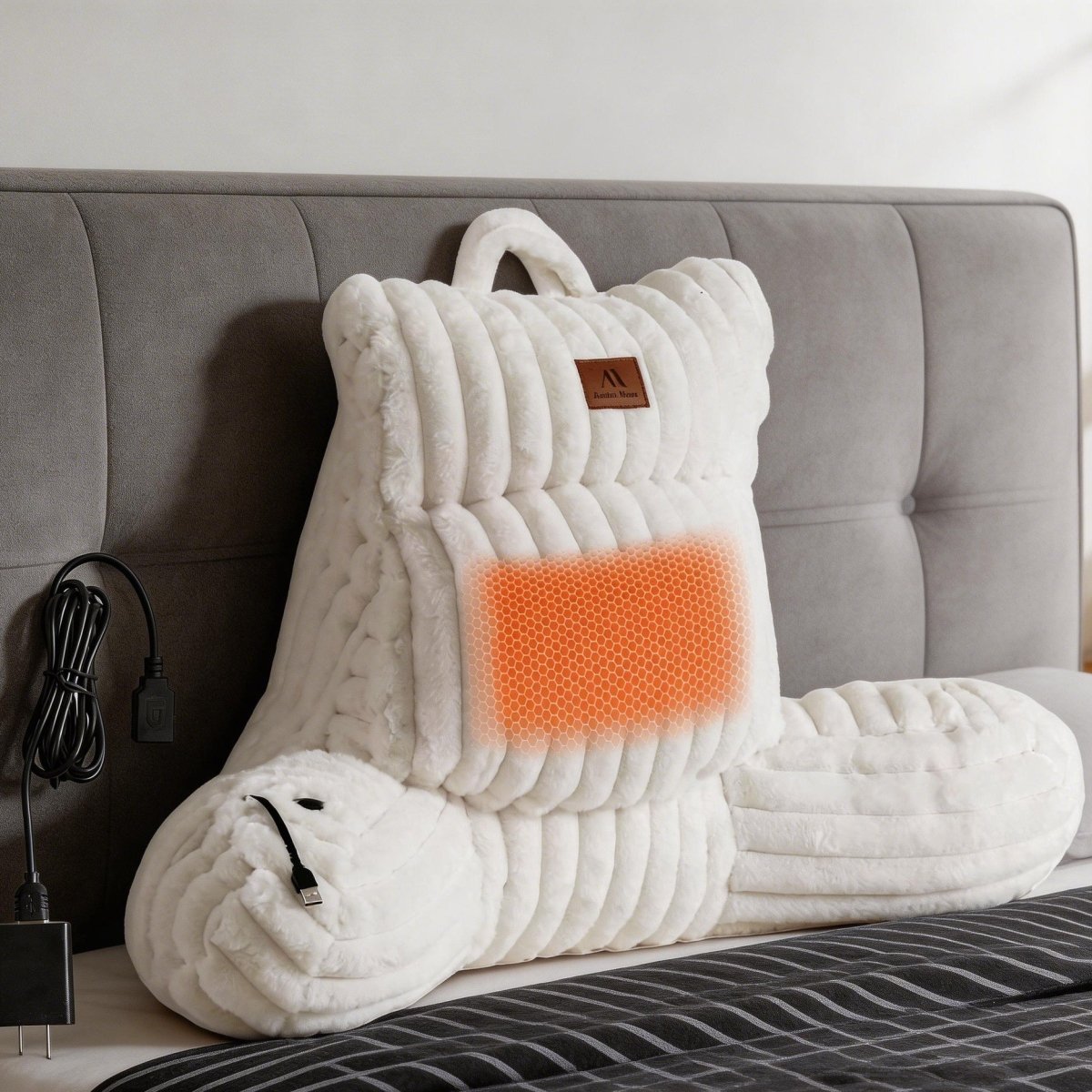 Cozy Bliss Heated Faux Fur Backrest Reading Pillow in ivory front view#color_Ivory