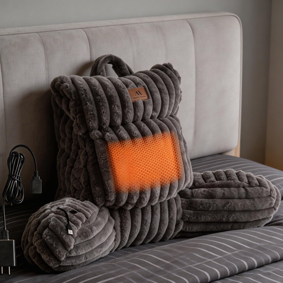 Front view of grey plush backrest pillow.#color_Dark Grey