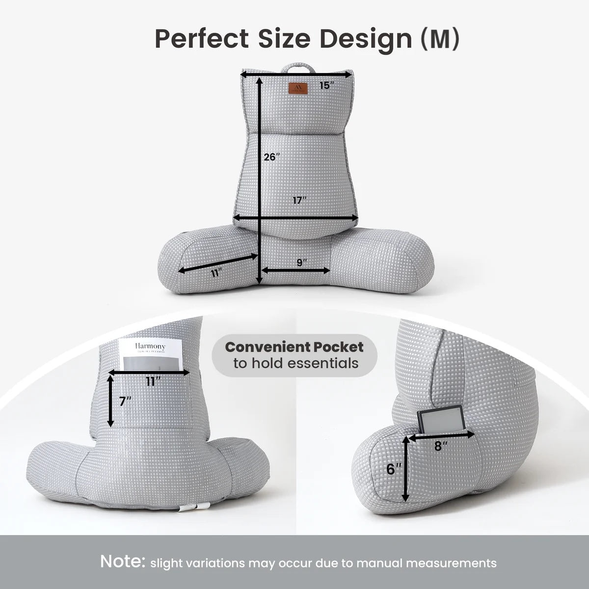 Medium Size measurement of Cozy Bliss grey backrest reading pillow. #color_Grey