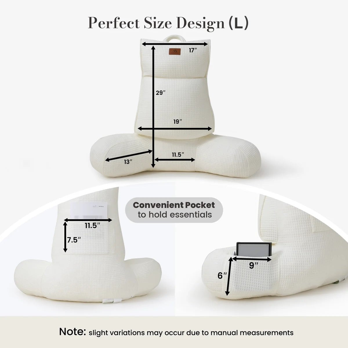 Large Size measurement of Cozy Bliss Ivory backrest reading pillow. #color_Ivory