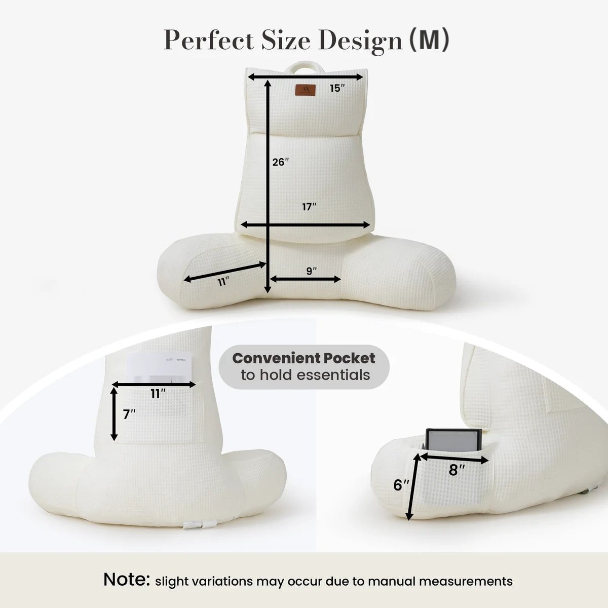 Medium Size measurement of Cozy Bliss Ivory backrest reading pillow. #color_Ivory