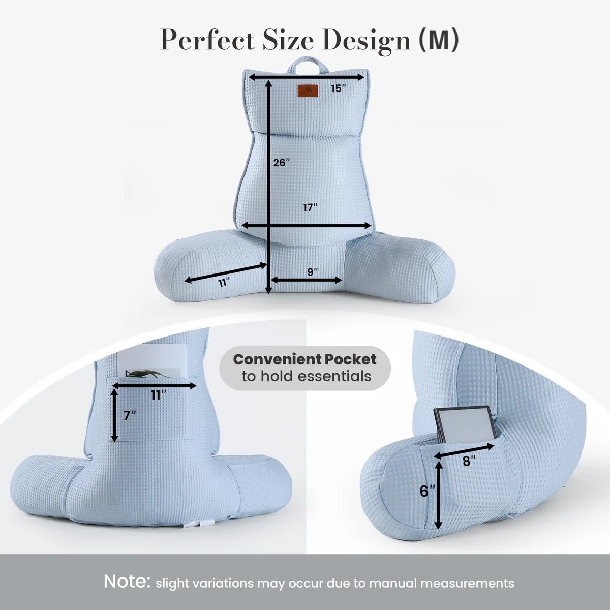 Medium Size measurement of Cozy Bliss blue backrest reading pillow. #color_Cool Blue