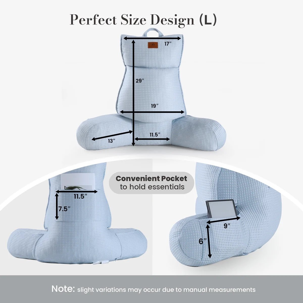 Large Size measurement of Cozy Bliss blue backrest reading pillow. #color_Cool Blue