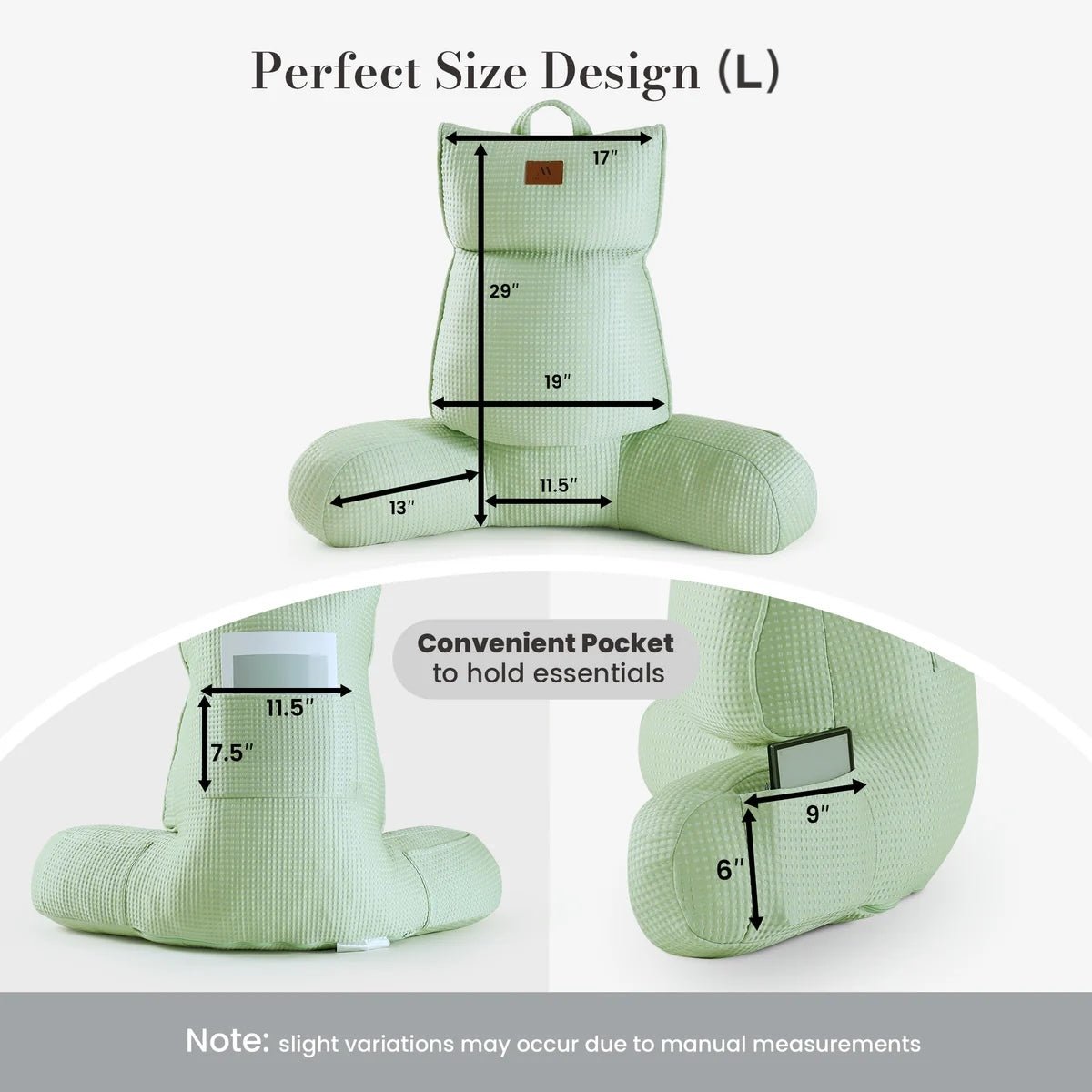 Large Size measurement of Cozy Bliss sage green backrest reading pillow. #color_Sage Green